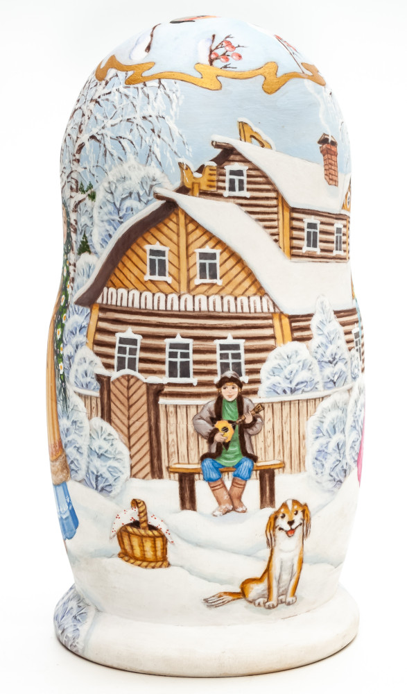 180 mm Russian Christmas Round Dancing hand painted by Mikhail Sokolov wooden Matryoshka doll 5 pcs inside (by Nikitina)