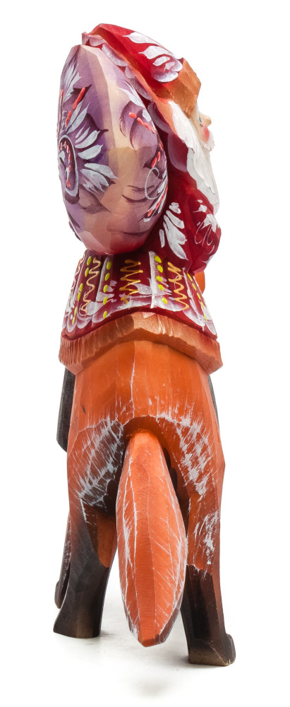 180 mm Santa with a Bag riding a Fox Carved Wood Hand Painted Collectible Figurine (by Igor Carved Wooden Figures Studio)
