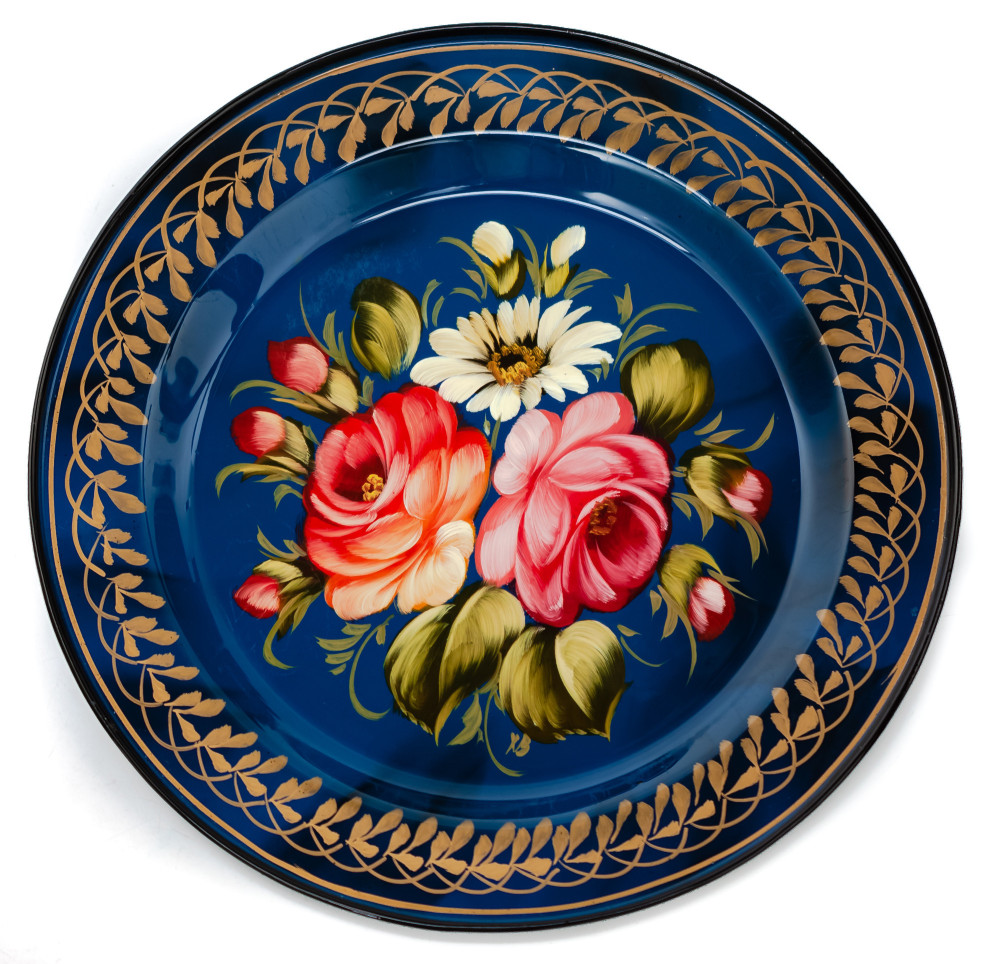  d 180 mm Zhostovo Patterns hand painted and lacquered Metal Forged Blue Tray (by Lada Crafts)
