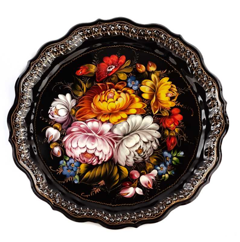 d 370 mm Zhostovo Patterns hand painted and lacquered by Golovina Metal Forged Tray (by Lada Crafts)