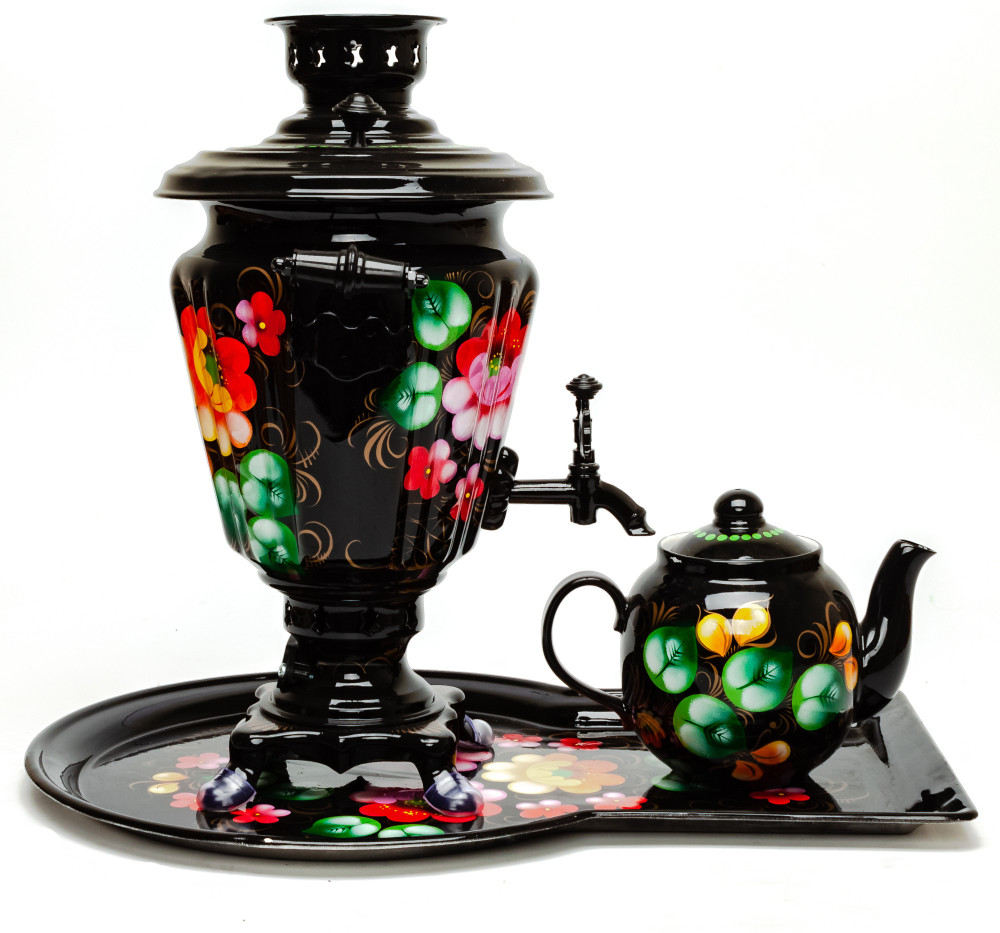 Zhostovo Hand Painted Electric Samovar Kettle with Teapot and Tray