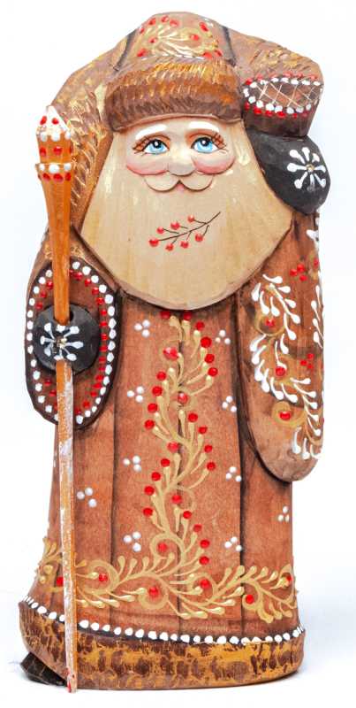 170 mm Santa with a Magic Staff and a Bag Carved Wood Hand Painted Collectible Figurine (by Natalia Nikitina Workshop)