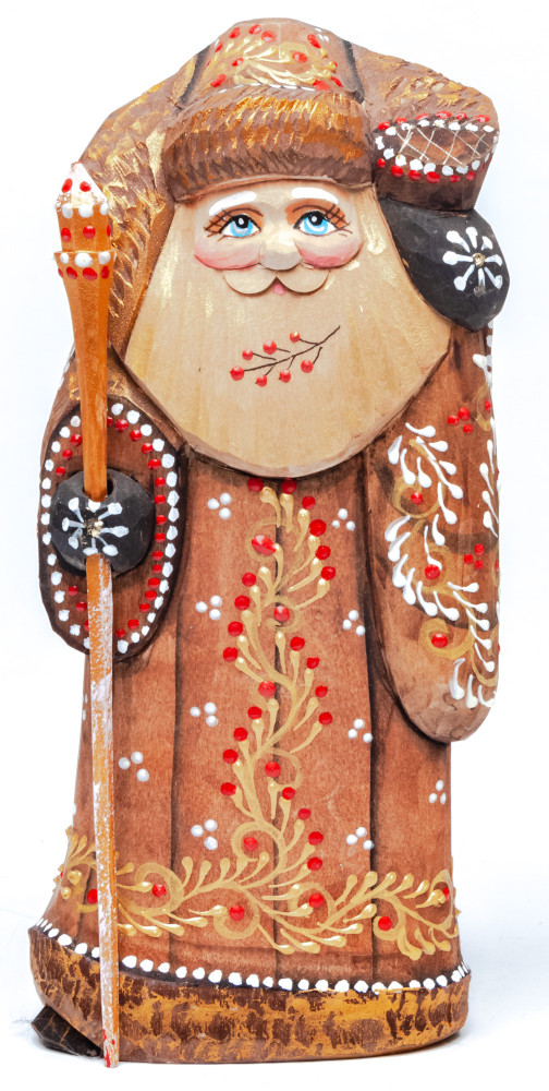 170 mm Santa with a Magic Staff and a Bag Carved Wood Hand Painted Collectible Figurine (by Natalia Nikitina Workshop)