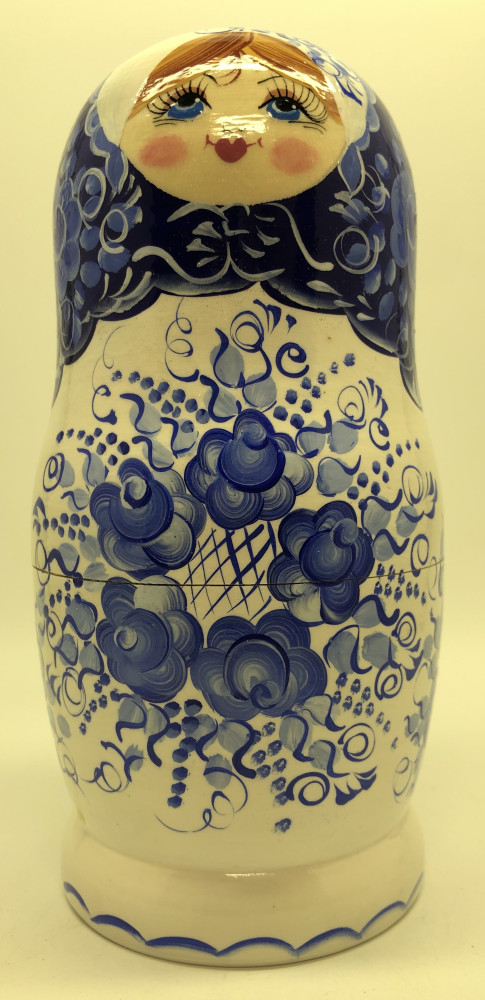 180 mm Gzhel Patterns hand painted on wooden Russian Matryoshka 5 pcs (by Rose Studio)