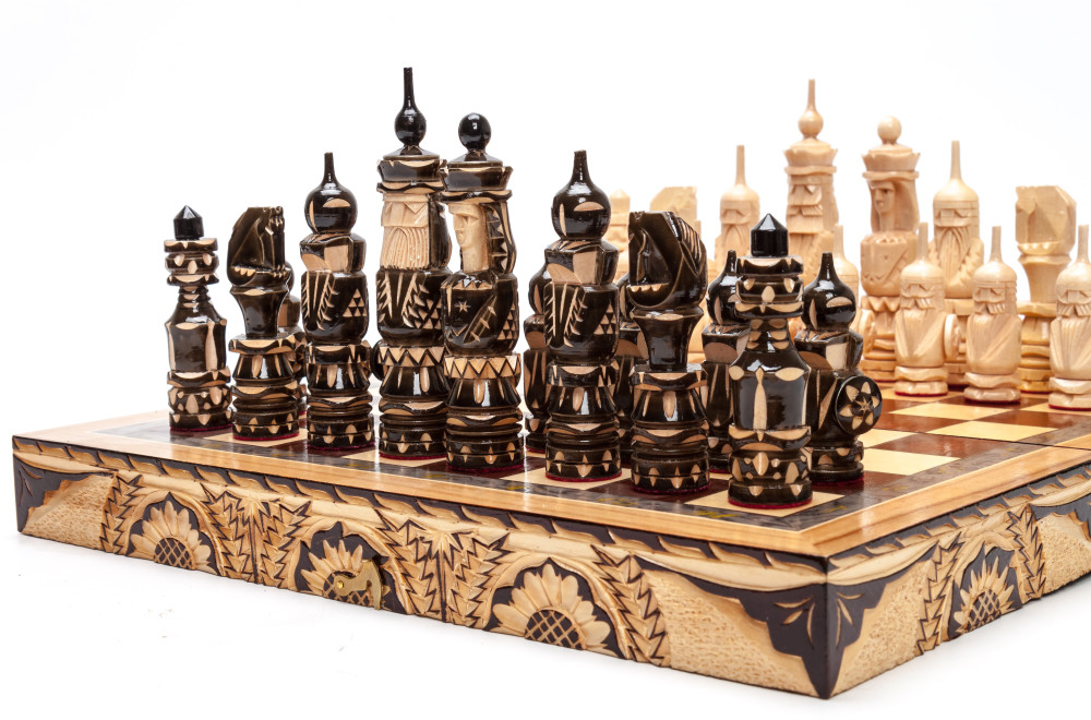 300x300 mm Hand Carved Chess Pieces on Inlaid Wood Board Box (by Fyodor Chess Workshop)