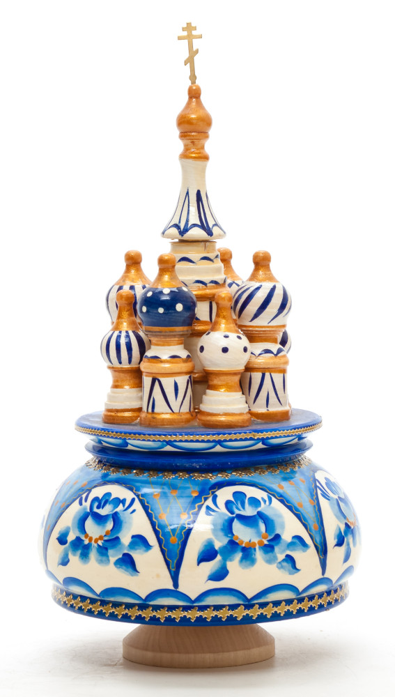 210 mm Saint Basil's Cathedral Gzhel Art hand painted Wooden Music Box (by Nightingale Crafts)