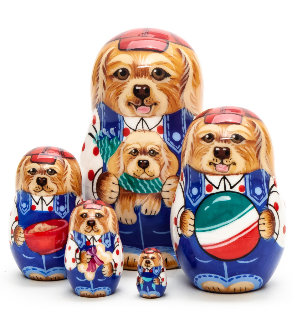 70 mm Father Dog with Puppy hand painted wooden Matryoshka 5 pcs (by Vasily Crafts)