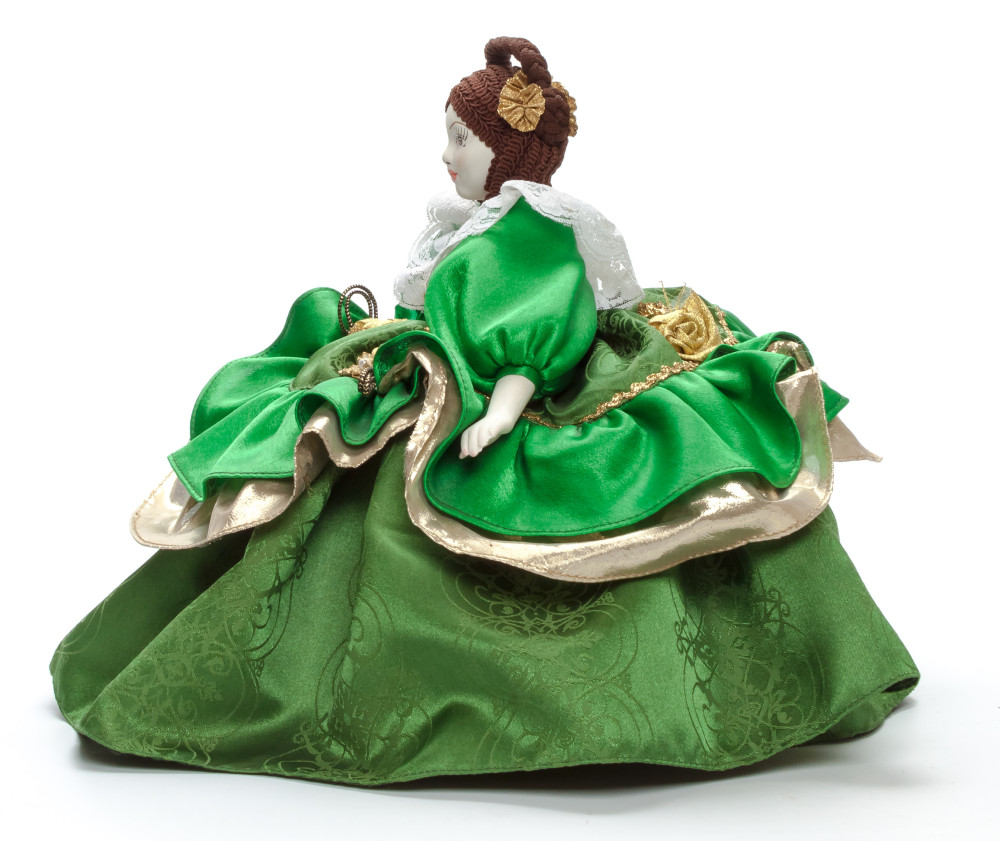 Young Lady in a Green Dress Kettle Porcelain Doll Warmer - 15 Inches