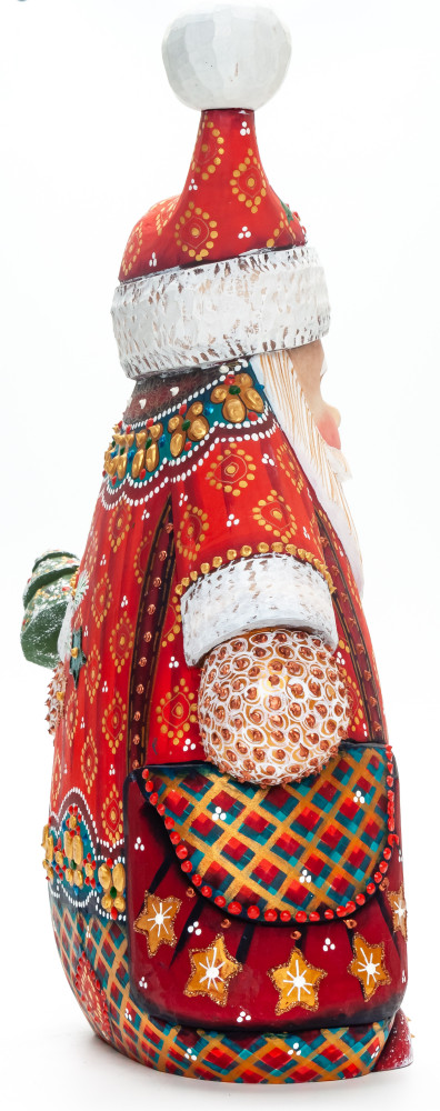 300 mm Santa Claus with a Green Christmas Tree Carved Wood Hand Painted Collectible Figurine  (by Natalia Nikitina Workshop)