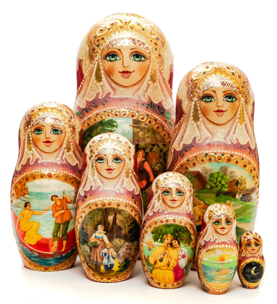 220mm Balalaika Player hand painted Matryoshka round Doll 7pcs (by Golden Cockerel)
