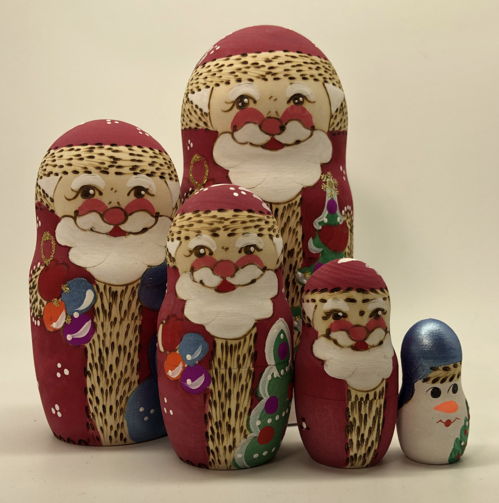 170 mm Santa Claus and Snowman Hand Carved Burnt and Painted Matryoshka Doll 5 pcs (by Igor Carved Wooden Figures Studio)