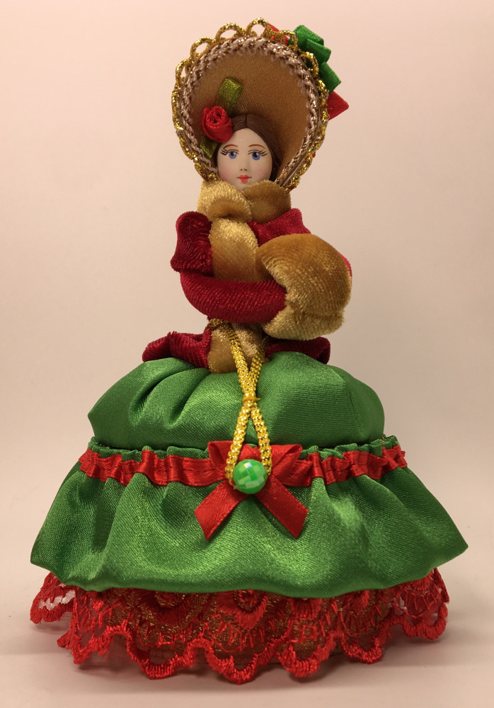 Girl with a Clutch in a Winter Hat and Dress of the 18th century style hand-sewn Doll with Jewelry Box (by Le Russe)