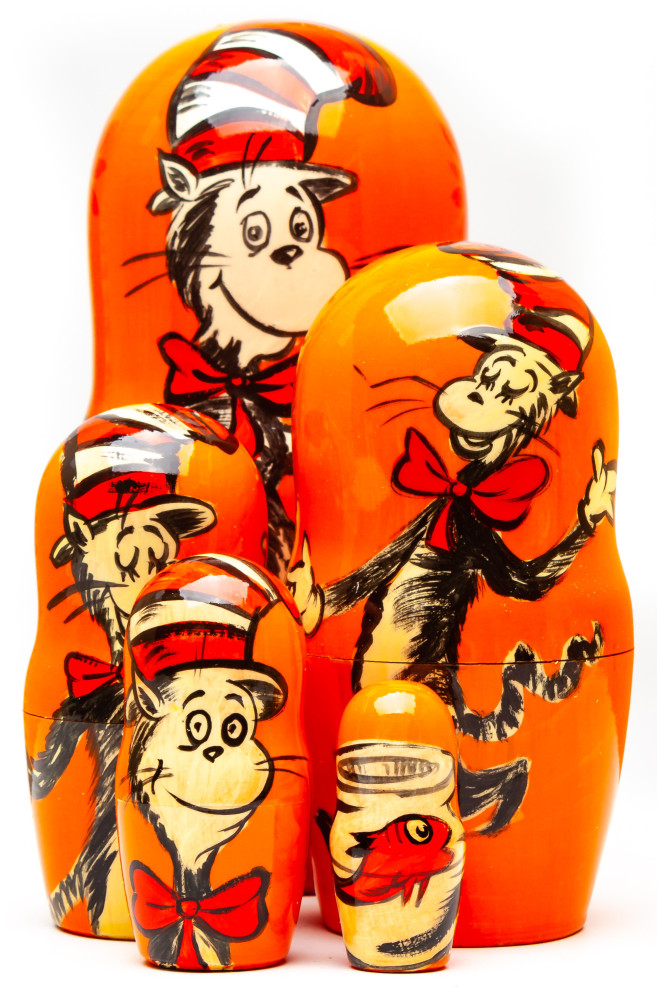 180mm Cat in the Hat Hand Painted Matryoshka Doll 5 pcs (by Konstantin Studio)