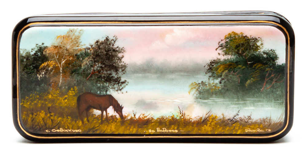 130x60mm Horse on a Meadow Hand Painted Jewellery Box (by Tatiana Shkatulka Crafts)
