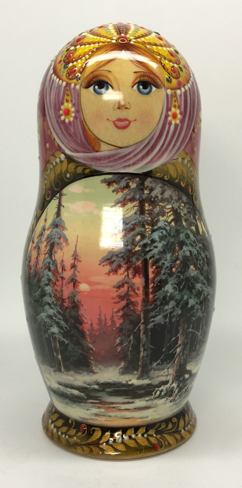 190 mm Winter Forest Landscape hand painted on Wooden Matryoshka doll 5 pcs (by Natalia crafts)
