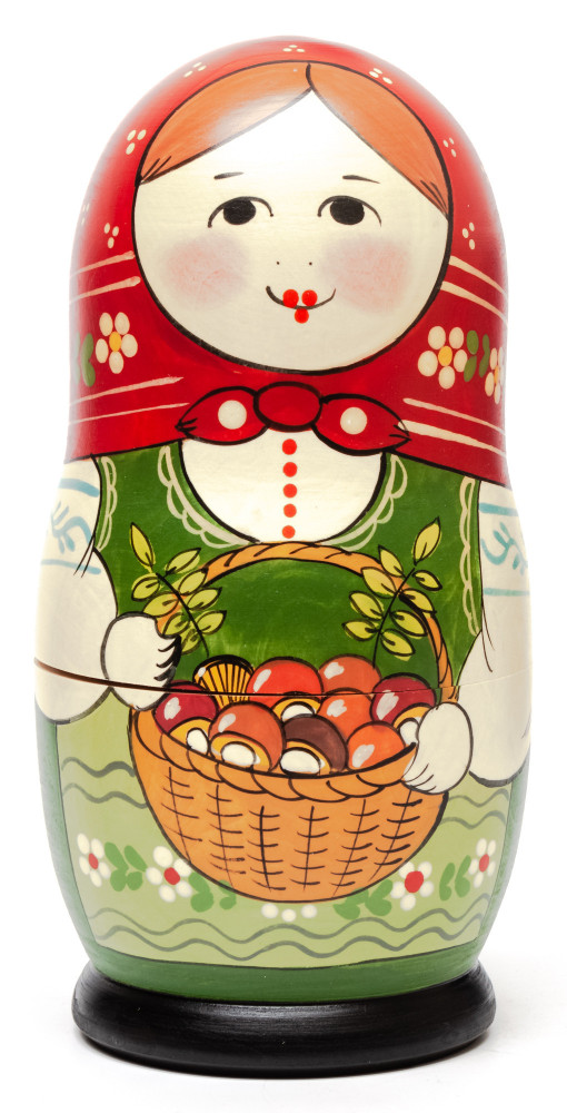 160 mm Maiden with the Basket of Mushrooms hand painted Traditional Russian Wooden Matryoshka doll 5 pcs (by Sergey Malyutin)
