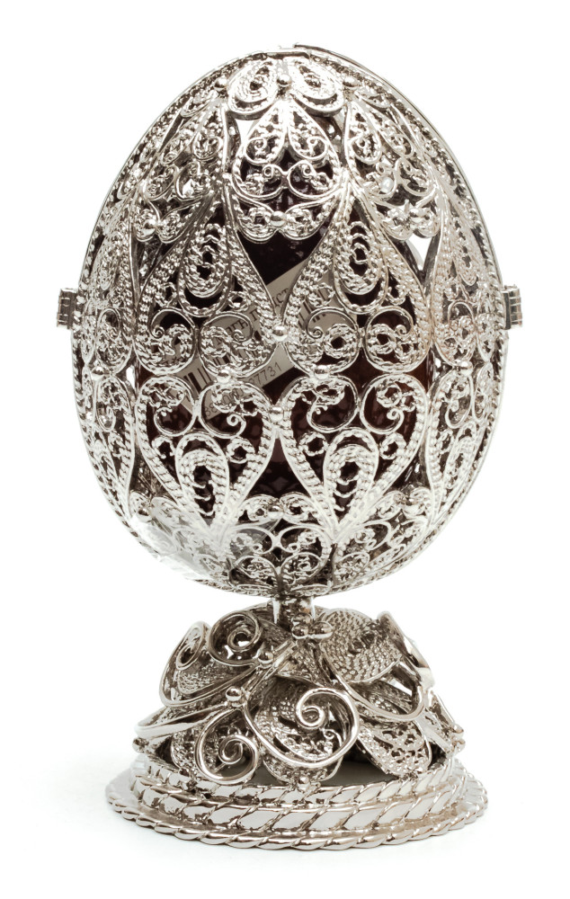 120 mm Delicate with a Monogram Silver on a Magnet Stand with a wooden Egg inside Easter Egg