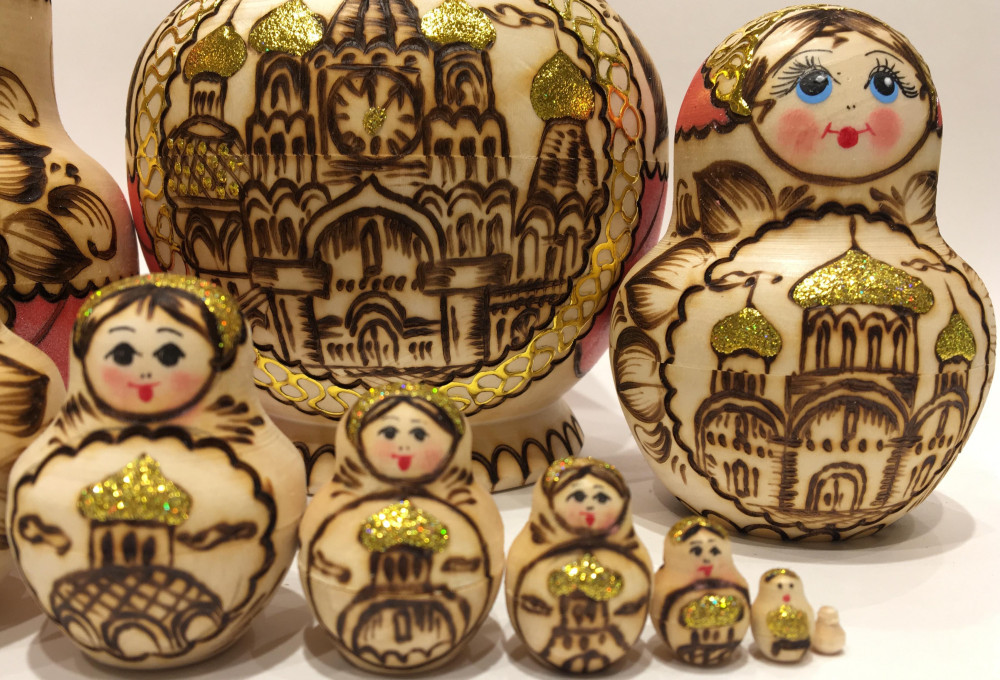 180 mm Moscow Cathedrals hand burnt and painted Wooden Matryoshka doll 10 pcs (by Julia Studio)