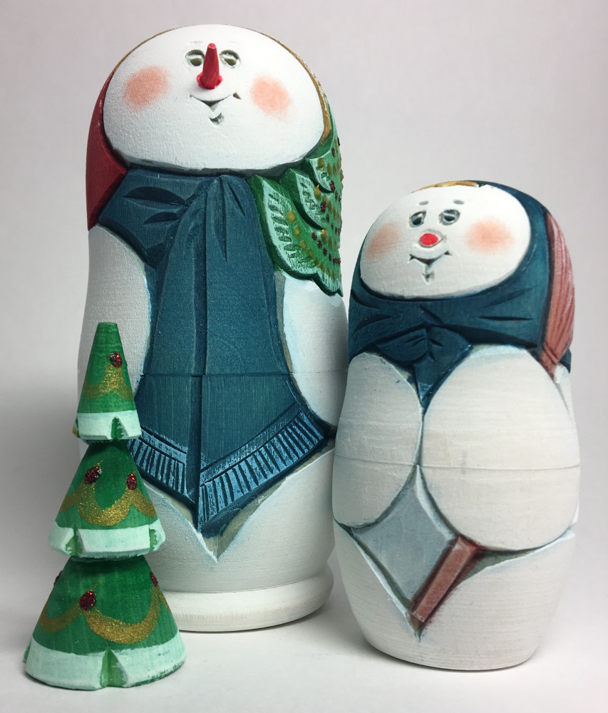 110 mm Snowman Hand Carved and Painted Matryoshka shape 3 pcs inside (by Sergey Carved Wooden Dolls Studio)