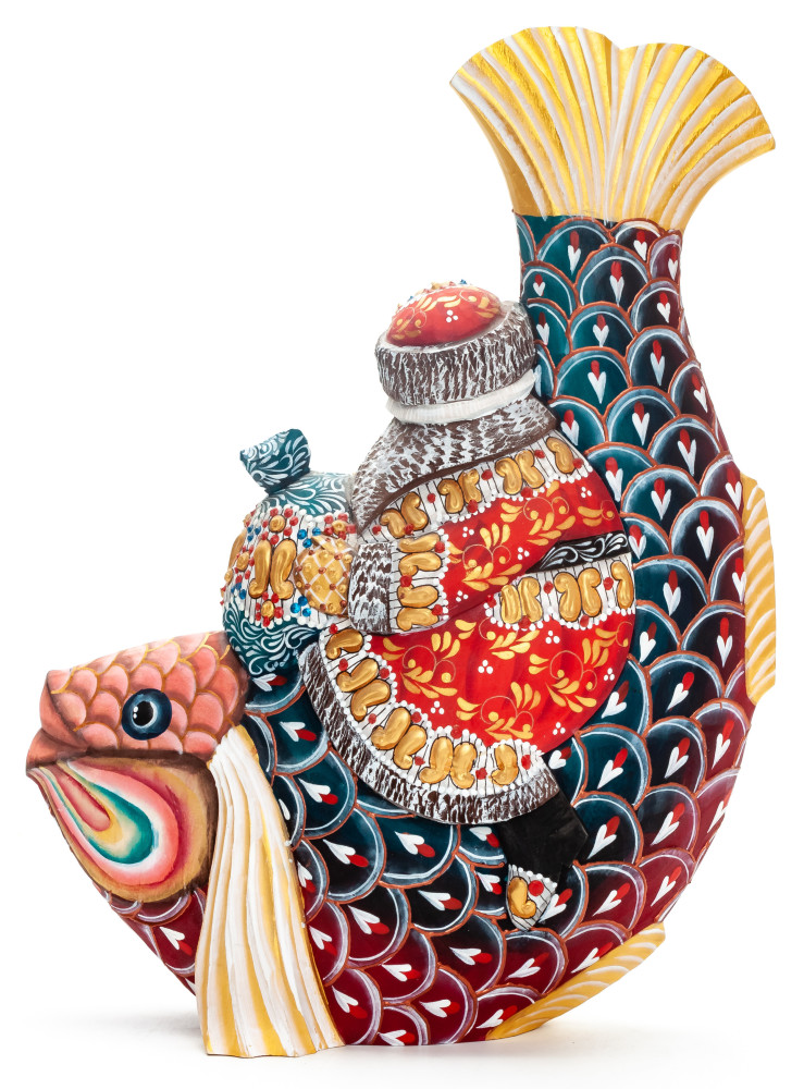 260 mm Santa Claus with a Bag Riding the Fish Carved Wood Hand Painted Collectible Figurine  (by Natalia Nikitina Workshop)