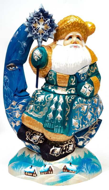 290 mm Santa Claus on a Moon hand carved and painted wooden sculpture (by Igor Carved Wooden Figures Studio)