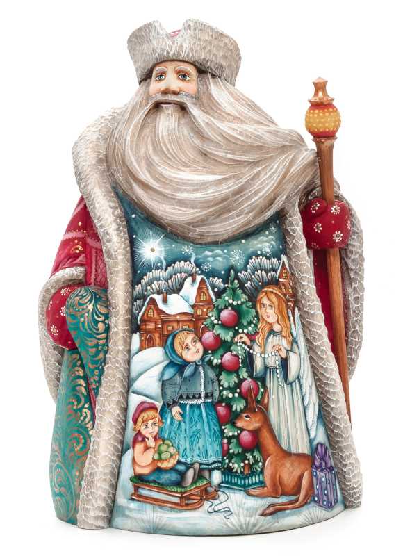 220 mm Santa with a Magic Staff and a Bag with hand painted Angel giving a Gift to the Kids Carved Wood Collectible Figurine (by Sergey Christmas Workshop)