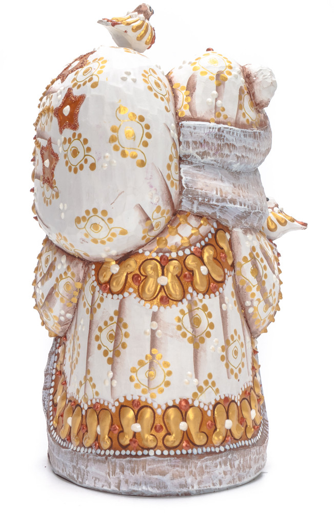 160 mm Santa with a Bag and Birds Carved Wood Hand Painted Collectible Figurine (by Natalia Nikitina Workshop)