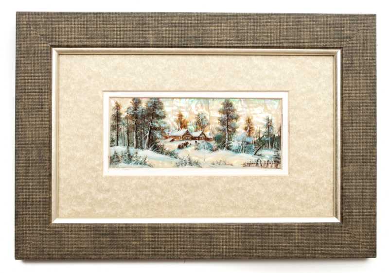 280x190 mm Winter Landscape hand painted on Nacre Fedoscino painting (by Tatiana Fedoscino Arts)