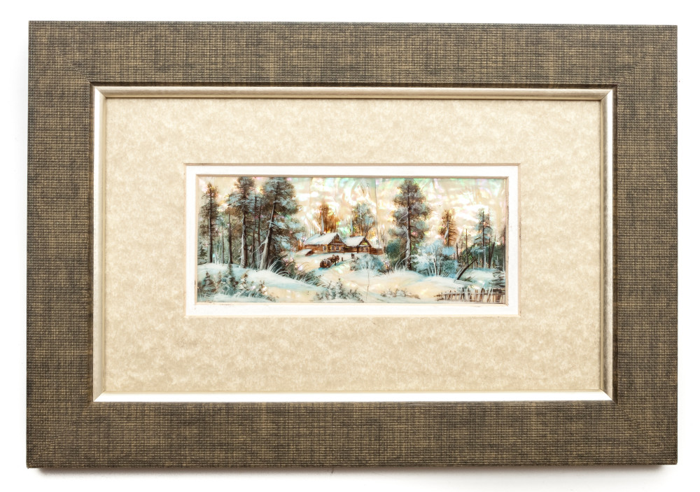 280x190 mm Winter Landscape hand painted on Nacre Fedoscino painting (by Tatiana Fedoscino Arts)