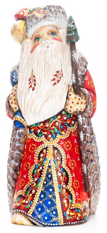 230 mm Santa Claus with a Magic Staff and a Bag Carved Wood Hand Painted Collectible Figurine (by Natalia Nikitina Workshop)