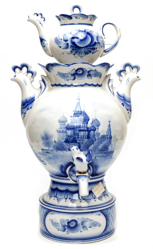 Saint Basil Cathedral Gzhel Ceramic Electric Kettle with Teapot and Tray