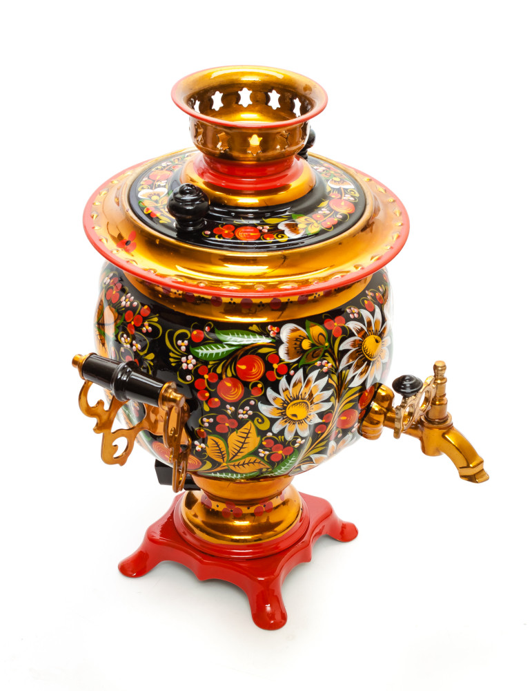 Daisies and Cranberries Hand Painted Electric Samovar Kettle with Teapot and Tray