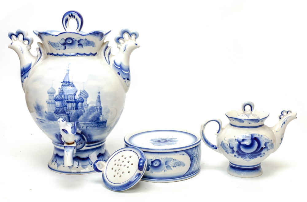 Saint Basil Cathedral Gzhel Ceramic Electric Kettle with Teapot and Tray