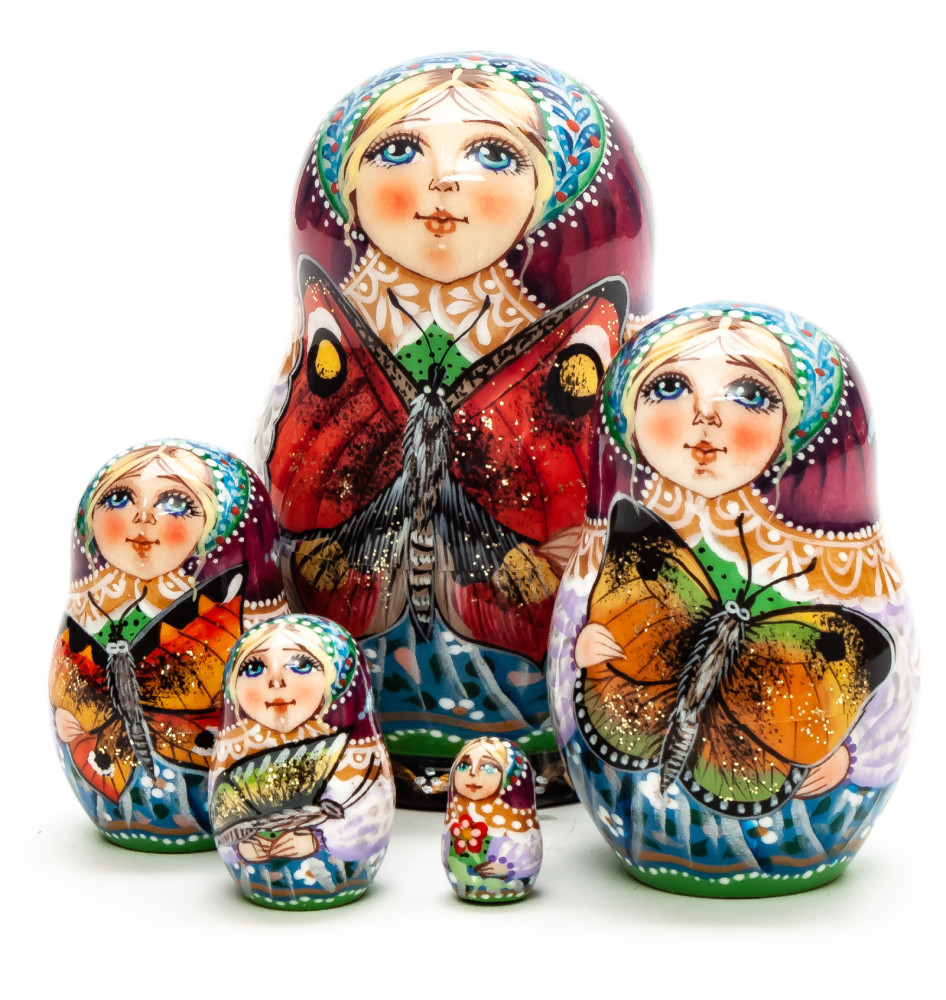 70 mm Girl with Butterfly hand painted wooden Matryoshka 5 pcs (by Vasily Crafts)