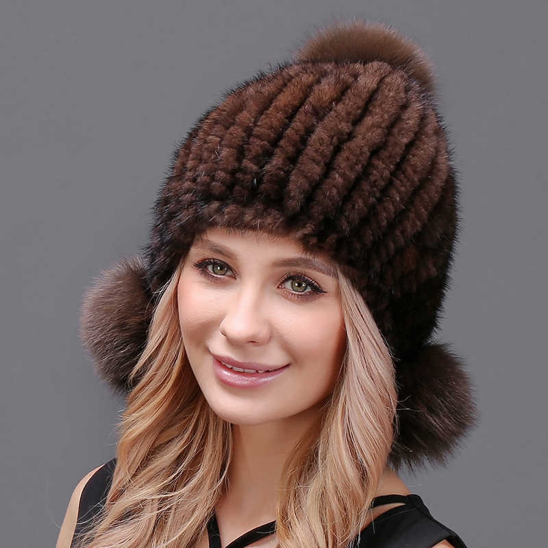 Mahogony Knitted Mink Fur Hat with 3 pompons