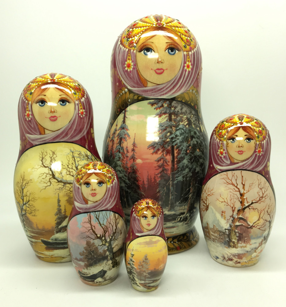 190 mm Winter Forest Landscape hand painted on Wooden Matryoshka doll 5 pcs (by Natalia crafts)