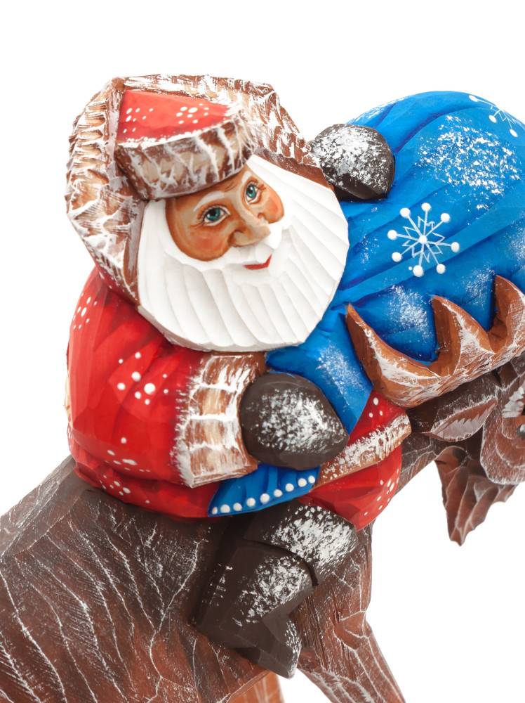 170 mm Santa with a Bag riding the Moose Carved Wood Hand Painted Collectible Figurine (by Sergey Christmas Workshop)