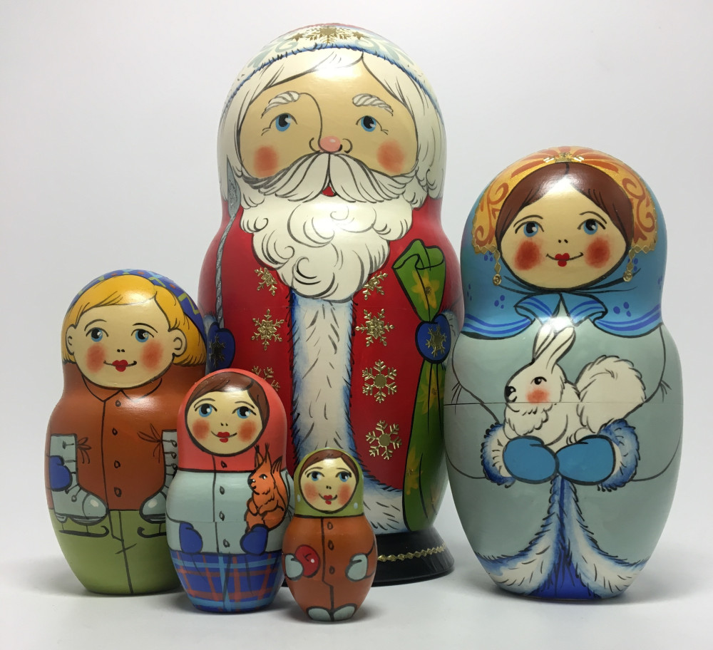 180 mm Santa Claus and Snowmaiden Princess hand painted wooden Matryoshka Doll 5 pcs (by Malutin Studio)
