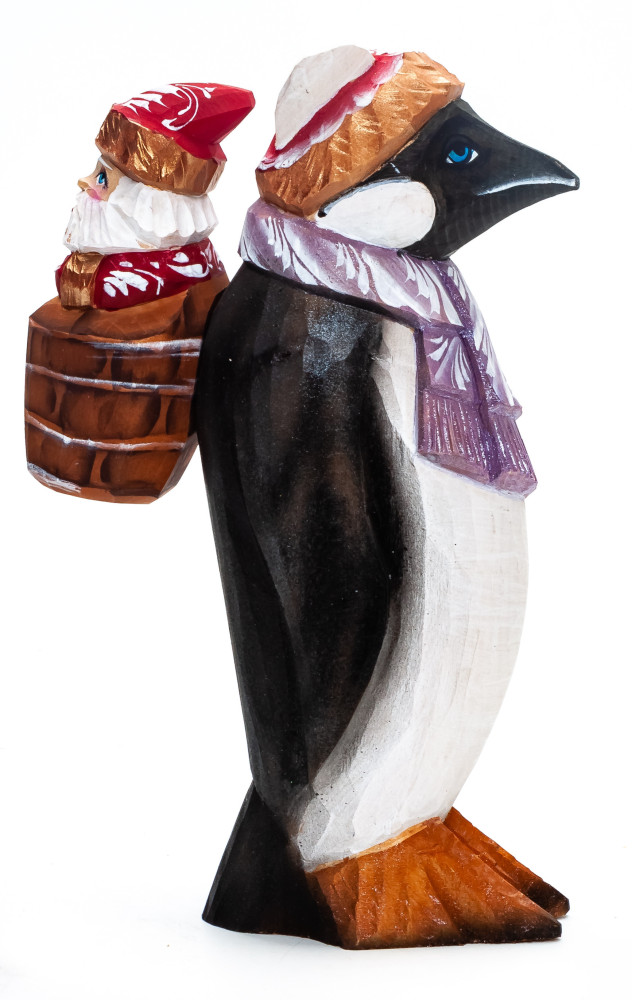 190 mm Penguin with Santa  hand painted Wooden Statue (by Karpova Nadezda)