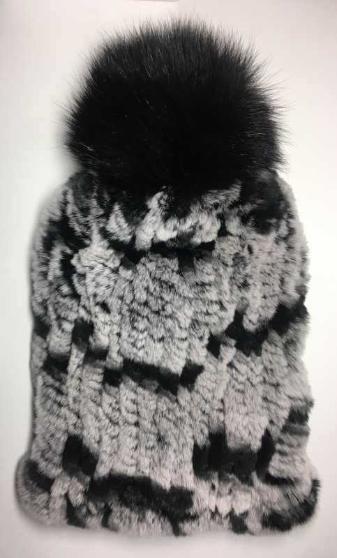 Grey and Black Rabbit Hair Knitted Women Hat (by Skazka Furs)