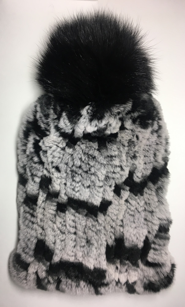 Grey and Black Rabbit Hair Knitted Women Hat (by Skazka Furs)