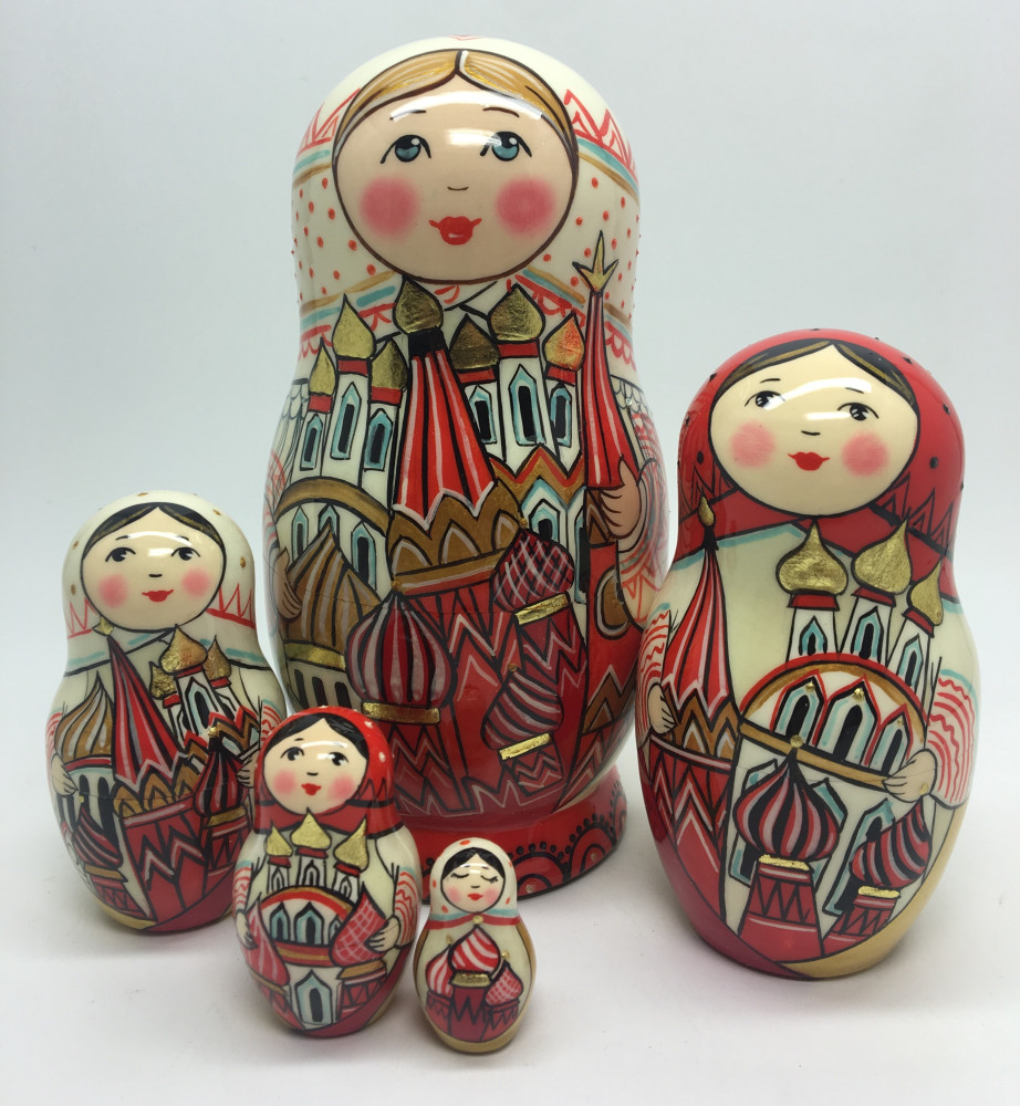 150 mm Moscow Snt Basil Cathedral and Kremlin hand painted by Lentuloff on wooden Matryoshka doll 5 pcs (by A Studio)