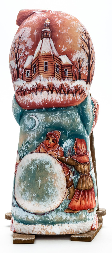 190 mm Skiing Santa with a Bag with hand painted Girl with Sleighs Wooden Carved Statue (by Igor Carved Wooden Figures Studio)