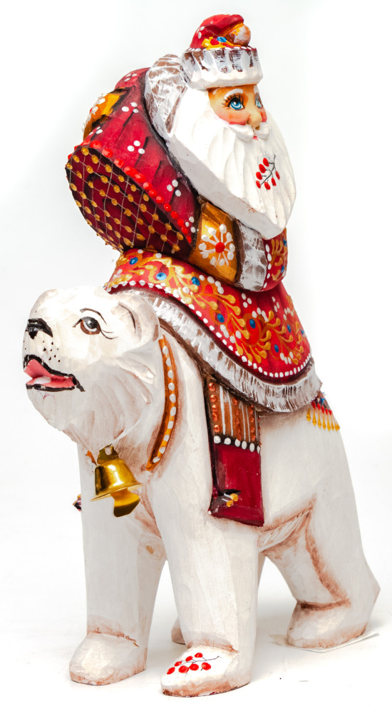 190 mm Santa Claus rides Polar Bear hand carved and painted wooden figure with a Green Tree and Bag of Gifts (by Natalia Workshop)