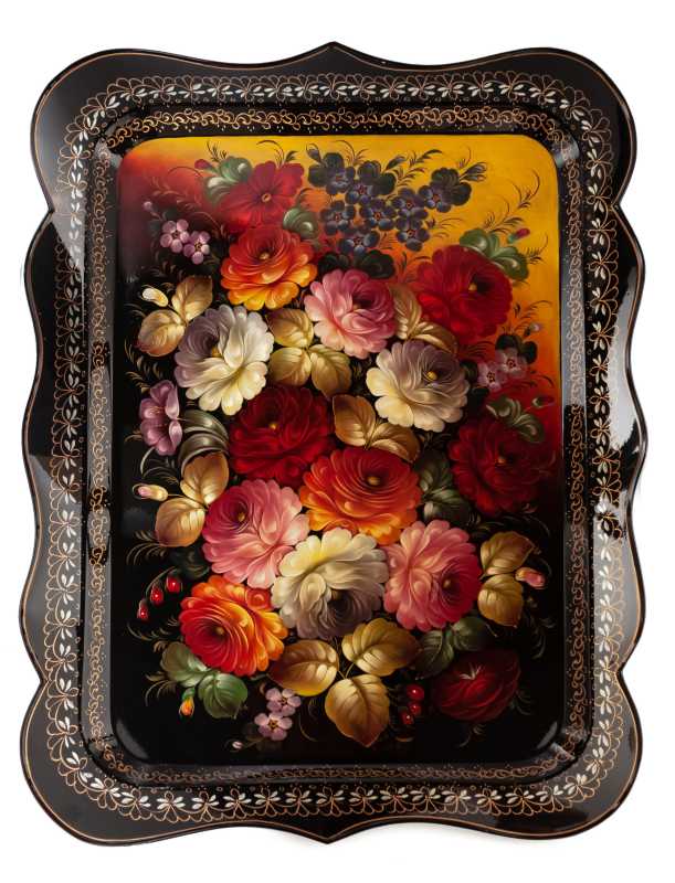 440x590 mm Zhostovo Patterns hand painted and lacquered by Gogin Metal Forged Tray (by Lada Crafts)