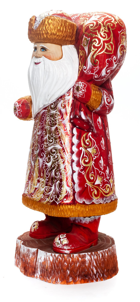 340 mm Santa Claus with a Bag and a Magic Staff handpainted Wooden Carved Statue (by Igor Carved Wooden Figures Studio)