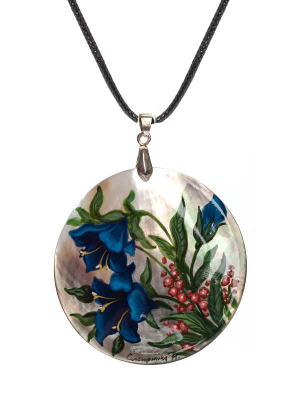 d60 mm Flowers hand painted Nacre Pendant (by Tatiana Shkatulka Crafts)