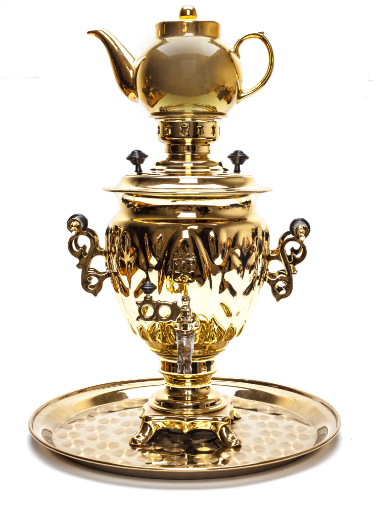 Golden Russia Electric Samovar with Teapot and Metal tray