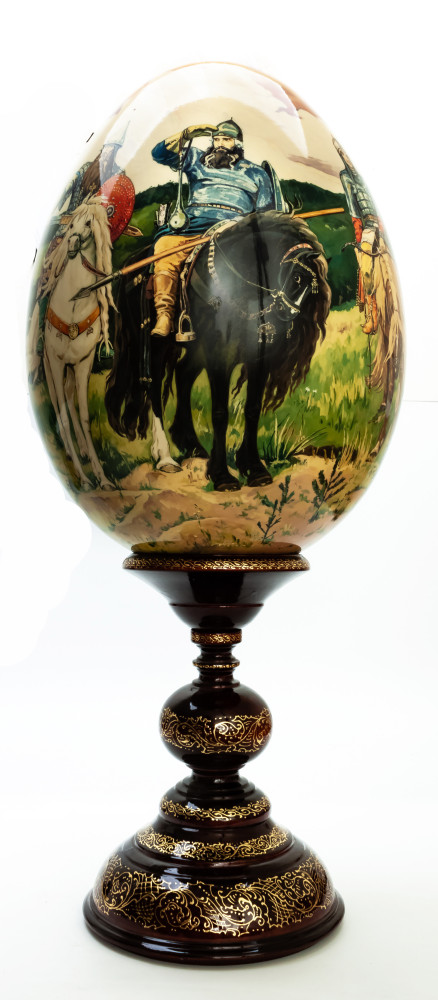 640 mm The Three Bogatyrs hand painted on red colored wooden Egg with standby (by Tatiana Crafts)