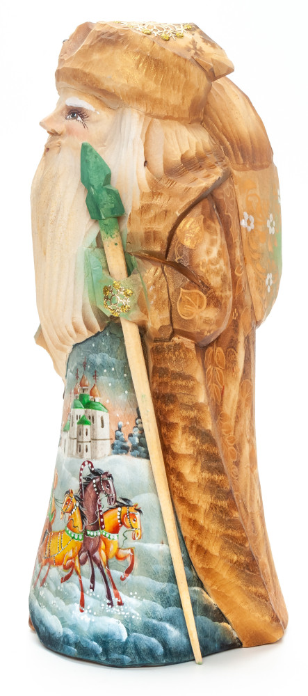210 mm Santa with a Magic Staff and a Bear with handpainted Russian Troika Wooden Carved Statue (by Igor Carved Wooden Figures Studio)